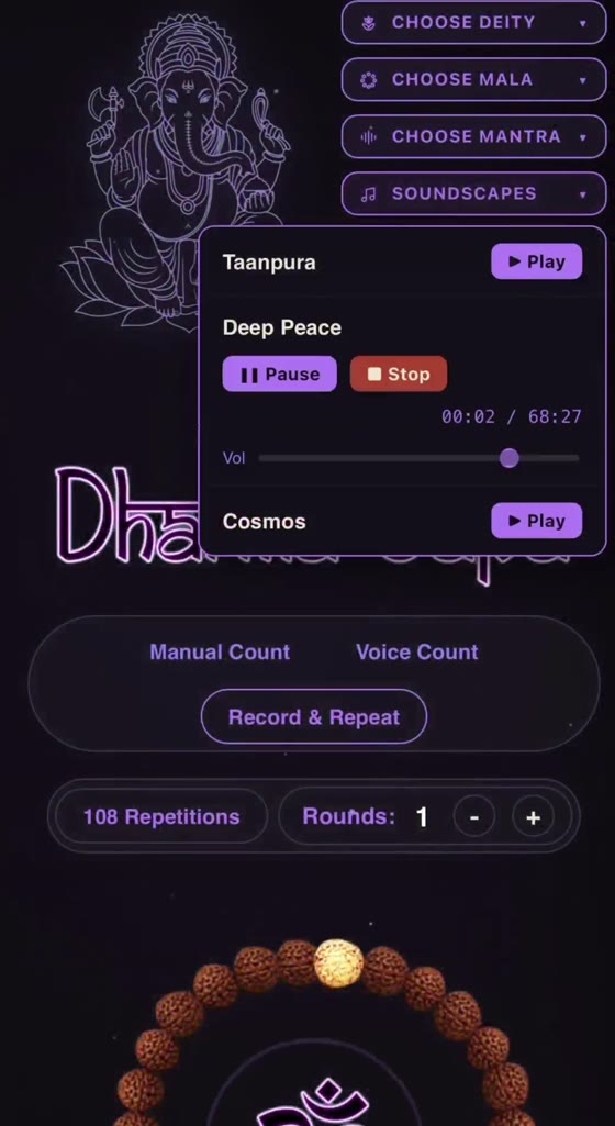 Soundscapes menu with play, pause, stop and volume